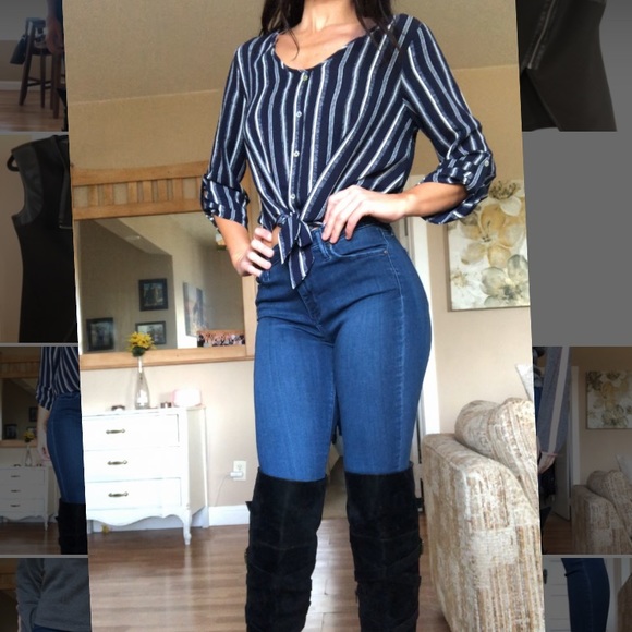 Tops - Blue white front tie shirt